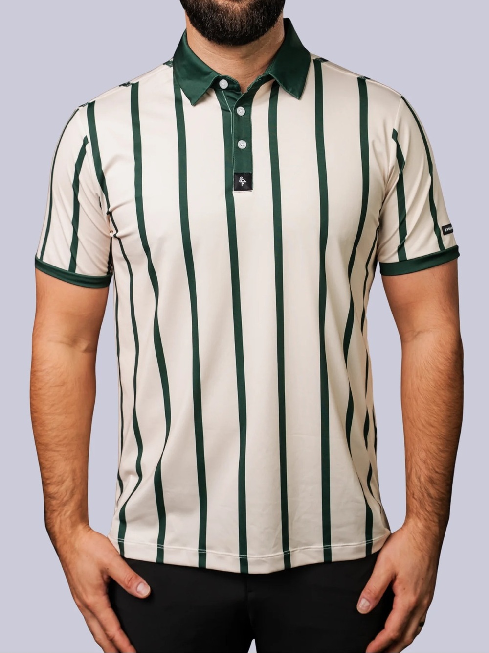 BYRDGANG Men's Cream & Dark Green Vertical Stripe Golf Polo Shirt